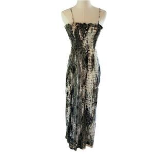World Market Green Black Maxi Dress Smocked Spaghetti Strap Boho Festival Small